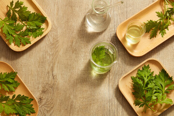 Top view of mugwort decorated with mortar and pestile wooden dish in wooden background for exfoliate advertising 