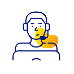 Young man wearing headset working as a call center agent. Pixel perfect, editable stroke fun color icon