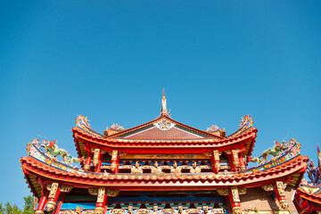 Close up of roof details on historic temple in China