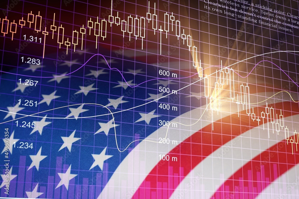 Canvas Prints USA flag on with stock market graph, Forex trading and investment concept