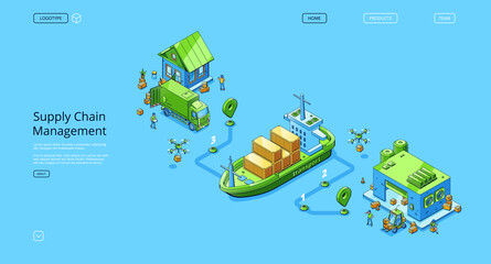 Supply chain management banner. Freight transportation logistic concept. Vector landing page with isometric warehouse building with loader and boxes, cargo ship, containers, truck, workers and drones