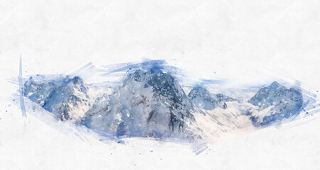 Watercolor painting illustration of high mountains covered with snow 