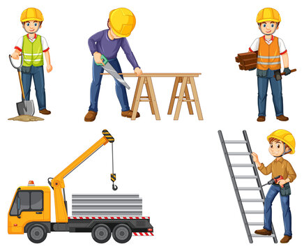 Construction worker set with people and tools