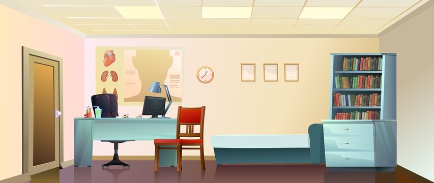 Doctor office. Work desk with armchair and PC computer. Couch and chair for patients. Medical poster and drugs. Cartoon funny style illustration. Vector