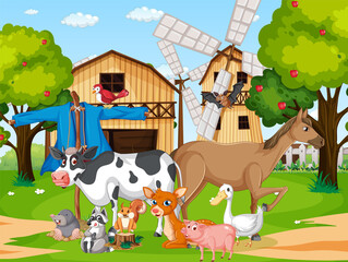 Obraz na płótnie Canvas Farm scene with many animals