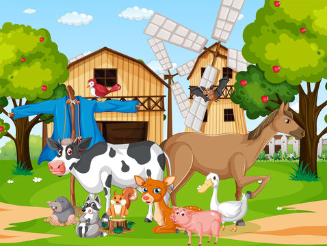Farm scene with many animals