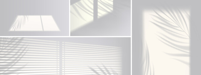 Shadow overlay effect backgrounds. Vector realistic mockup of room with sunlight from window and gray shades of blinds and plant leaves on white wall and floor - obrazy, fototapety, plakaty