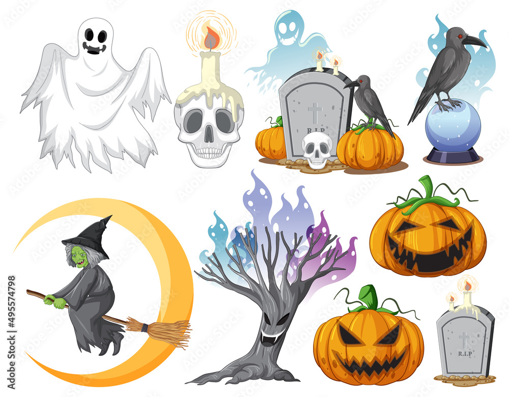 Wall mural set of witches and wizard objects