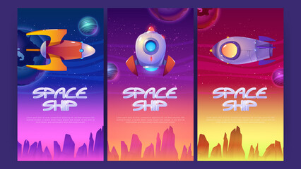 Fototapeta premium Spaceship posters with rockets flying above alien planet surface. Vector banners of spacecrafts with cartoon illustration of galaxy background with stars, planets and shuttles