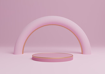 Light, pastel, lavender pink 3D rendering simple product display cylinder podium or stand with golden lines minimal composition with an arch geometric and luxurious shine