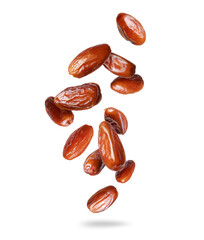 Delicious dried dates in the air on a white background