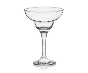 Empty transparent glass cup, shot glass, glass for wine, whiskey, cognac, martini, beer, juice and other drinks, isolated on white background. Dishes for bar, restaurant, pub.