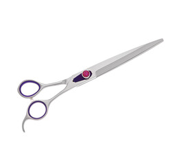 Scissors for cutting people and pets. Grooming scissors. Closed scissors on a white isolated background. Side view.