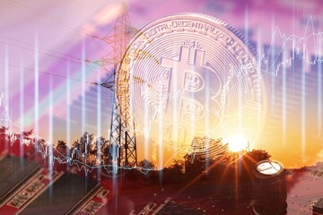 Golden bitcoin crypto currency logo on dark black background. business finance digital concept
