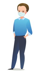 Handsome little boy in mask. Cheerful middle aged teen. Cheerful person. Standing pose. Cartoon comic flat design. Single character. Illustration isolated on white background. Vector