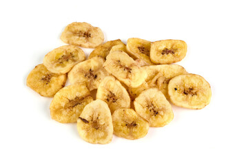 Dried banana slices isolated on white background.