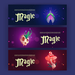 Cartoon magic banners with witch or wizard esoteric items pinned fly, animal skull with plant and fly agaric mushroom. Background for game interface, sorcerer and mage education, Vector illustration - obrazy, fototapety, plakaty