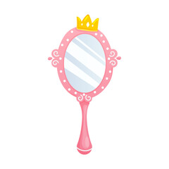 Princess hand mirror.Oval pink mirrors with gold crown for girl.Cartoon style