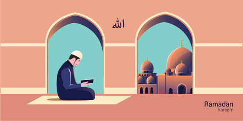 flat ramadan illustration islam man read quran