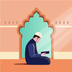 flat ramadan illustration islam man read quran mosque