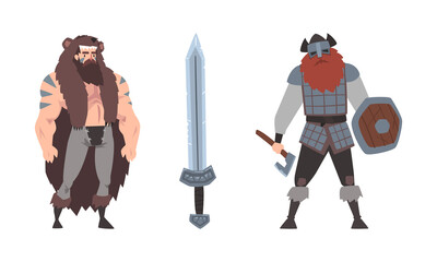 Strong Scandinavian viking warriors in armor with weapon set cartoon vector illustration