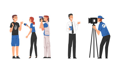 Obraz premium Journalists taking interview and making news cartoon vector illustration