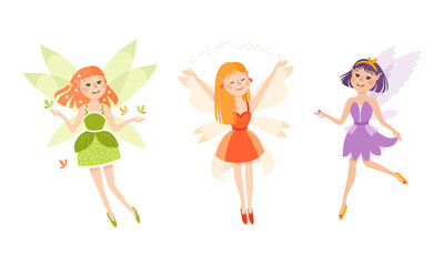 Set of happy little girls fairies in colorful dress with wings vector illustration