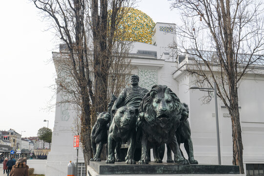 Sculpture of Marc Anton with lions by Arthur Strasser near famous Secession Building in Vienna, Austria. January 2022