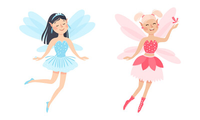 Set of happy girls elves in blue and pink dress with wings vector illustration