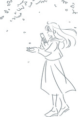 Obraz premium 風に舞う桜の花びらを手に取ろうとしている立ち姿の女性B