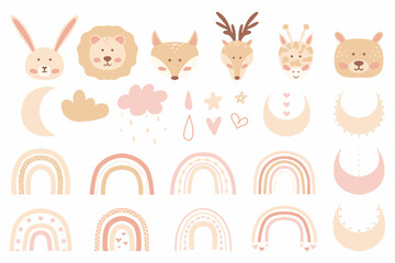 Children's hand drawn set of rainbows, animals, stars, moon, hearts. Cute set of clip-arts in children's boho style. Collection in pastel colors. Vector illustration. © Евгения Крупель