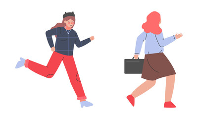 Young women running hurrying up at work cartoon vector illustration