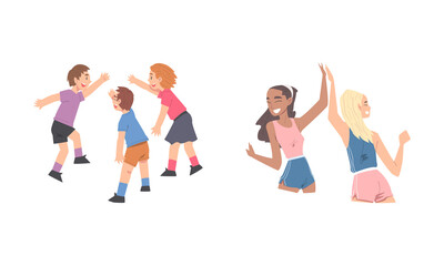 Fototapeta na wymiar Happy children giving high five set. Friends clapping their hands in informal greeting gesture cartoon vector illustration