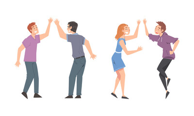 Fototapeta na wymiar People giving high five set. Friend or colleague greeting gesture cartoon vector illustration