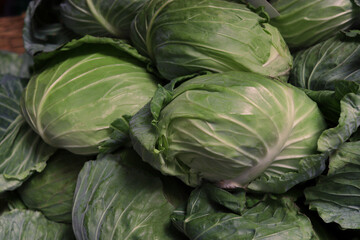 Fototapeta na wymiar Pile of green cabbage vegetablefor sale at fresh market