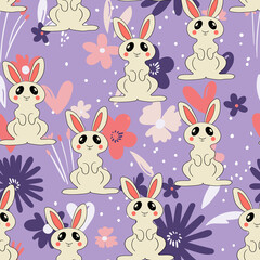 Seamless pattern with silhouette Easter rabbits on color floral background. Design for card, postcard, wallpaper, fabric, textile. Vector stock illustration. Cartoon style