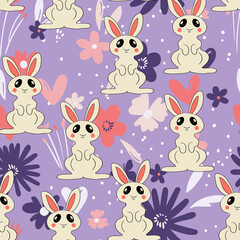 Fototapeta premium Seamless pattern with silhouette Easter rabbits on color floral background. Design for card, postcard, wallpaper, fabric, textile. Vector stock illustration. Cartoon style