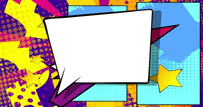 Background animation in pop art, comics style. Retro manga cartoon backdrop. Comic book elements, dots, speech bubbles, clouds moving.