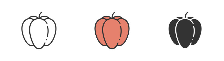 Simple minimalism bell pepper icons in modern style for web apps. Outline, colorful and glyph vector flat illustration