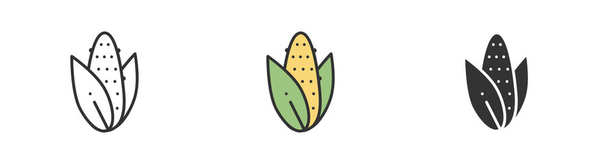 Simple minimalism corn icons in modern style for web apps. Outline, colorful and glyph vector flat illustration