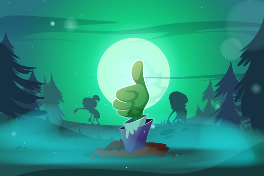 Creepy Halloween illustration with zombie hand showing thumb up out from ground. Vector cartoon horror illustration of zombi apocalypse with night landscape and silhouettes of scary monsters