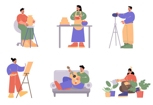 People doing different hobbies, music, cooking, sculpture, painting, making movie and gardening. Vector flat illustration of men play guitar, with camera, women cook cake, watering plants and draw