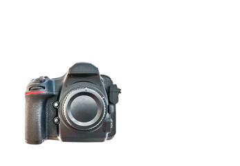 High end dslr camera front view, isolated on a white background.