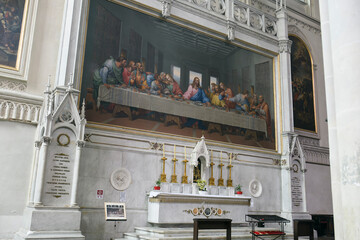 Interior with mosaic copy of famous fresco Last Supper of Leonardo da Vinci in Minorite Church Minoritenkirche in Vienna - obrazy, fototapety, plakaty