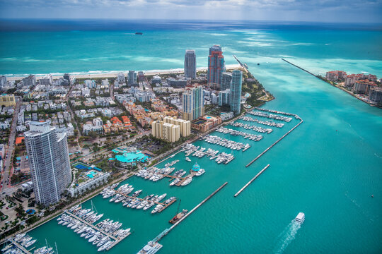 Aerial view of Miami Beach and South Pointe Park, Florida.