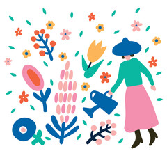 Woman waters flowers from a watering can in the garden. Cute illustration.