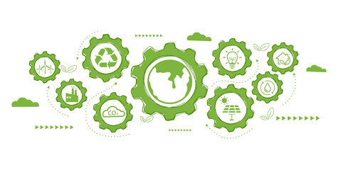 Fototapeta na wymiar World environment and sustainable development concept with ecology doodle icons in gear, vector environment, eco friendly, green technology and ecology symbols. isolated vector in flat style