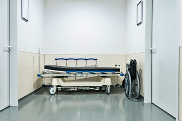 Empty hospital hallway with surgical transport equipment