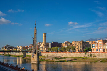 View to the Franco monument at the Ebro river in Tortosa, Catalonia, Tarragona, Spain.