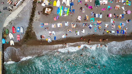 Fototapeta na wymiar Overhead aerial view of Positano Beach on a beautiful summer day.